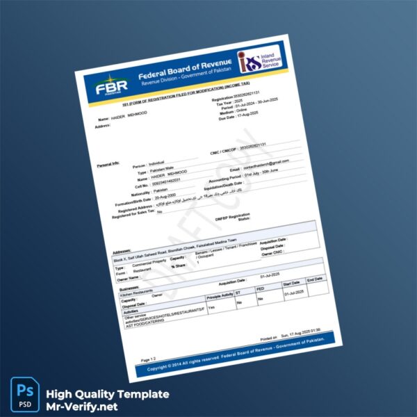 Pakistan Federal Board of Revenue Editable Income Tax Registration Form Template in Word and PDF formats