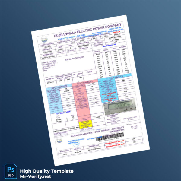 Pakistan Gujranwala Electric Power Company Editable Electricity Bill Template in Word and PDF formats