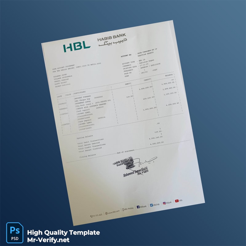 Pakistan HBL Bank Statement Template in Word and PDF formats Pakistan HBL Bank Statement Template in Word and PDF formats