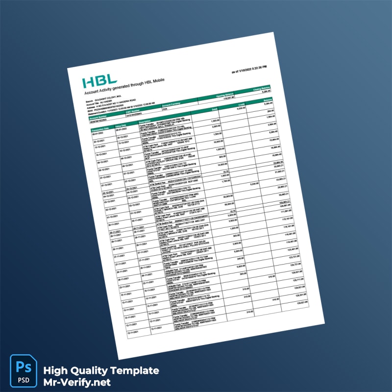 Pakistan HBL Editable Account Activity Statement Template in Word and PDF formats Pakistan HBL Editable Account Activity Statement Template in Word and PDF formats