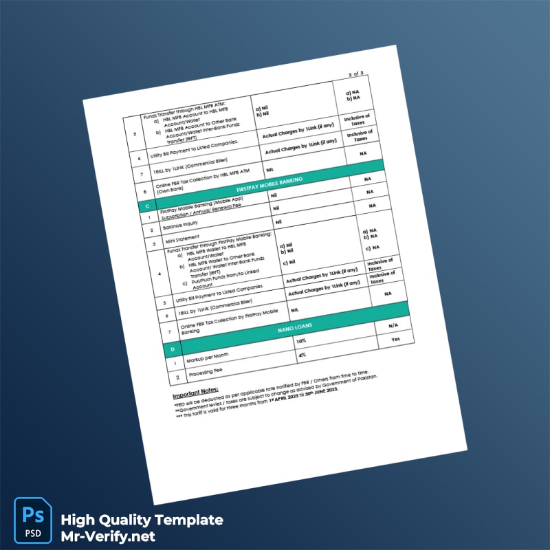 Pakistan HBL MFB Editable Branchless Banking Charges Template in Word and PDF formats page 2 Pakistan HBL MFB Editable Branchless Banking Charges Template in Word and PDF formats page 2