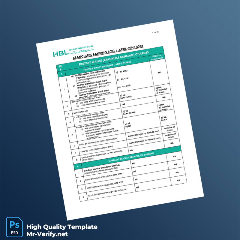 Pakistan HBL MFB Editable Branchless Banking Charges Template in Word and PDF formats Pakistan HBL MFB Editable Branchless Banking Charges Template in Word and PDF formats