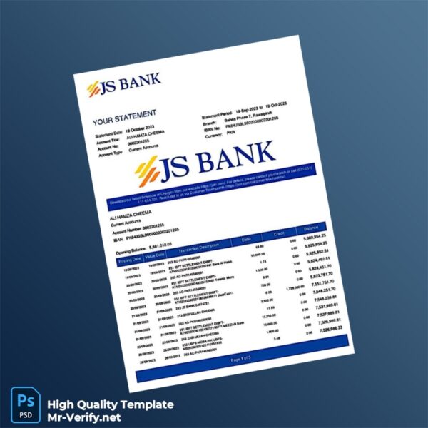 Pakistan JS Bank Bank Statement Template in Word and PDF formats Pakistan JS Bank Bank Statement Template in Word and PDF formats