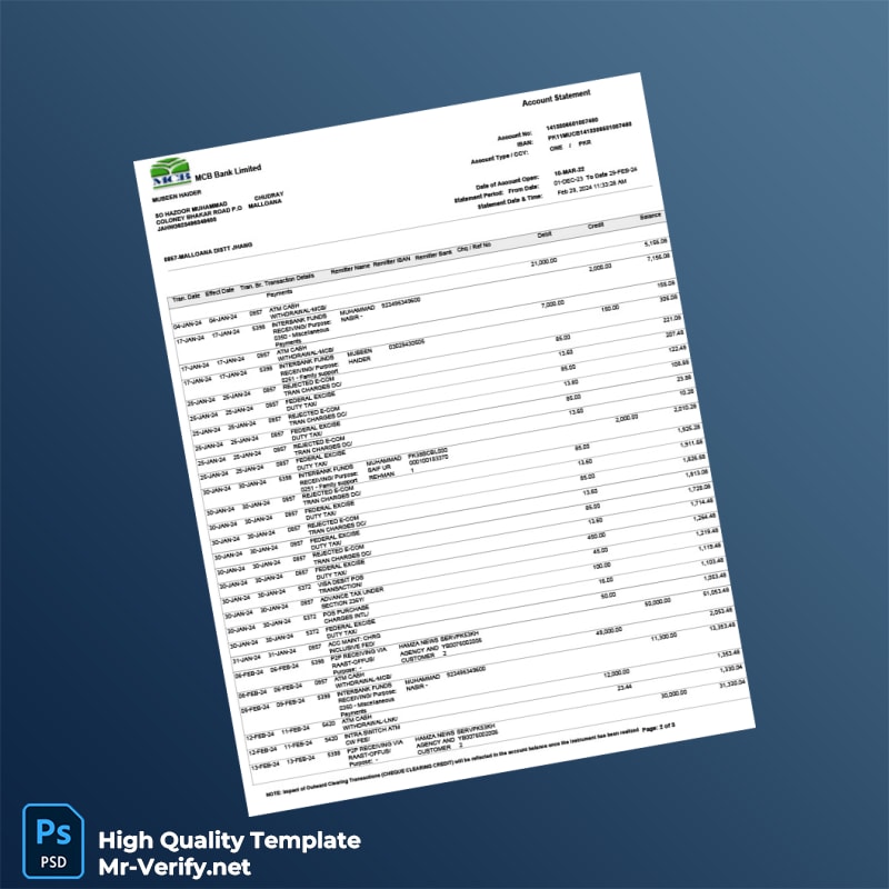 Pakistan MCB Bank Statement Template in Word and PDF formats page 2 Pakistan MCB Bank Statement Template in Word and PDF formats page 2