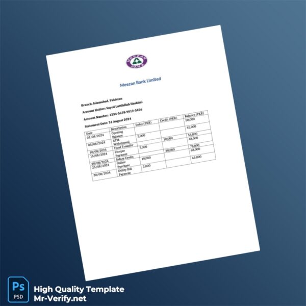 Pakistan Meezan Bank Limited Editable Bank Statement Template in Word and PDF formats