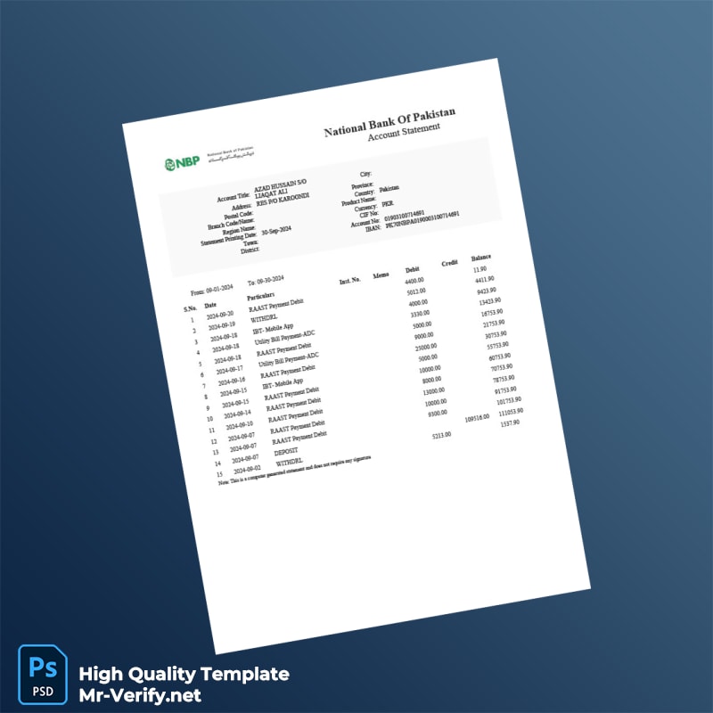 Pakistan National Bank Editable Statement Template in Word and PDF formats Pakistan National Bank Editable Statement Template in Word and PDF formats