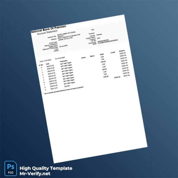Pakistan National Bank Statement Template in Word and PDF formats