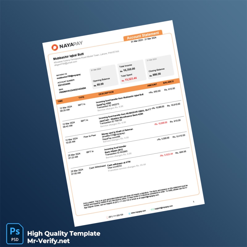 Pakistan NayaPay Bank Statement Template in Word and PDF formats Pakistan NayaPay Bank Statement Template in Word and PDF formats
