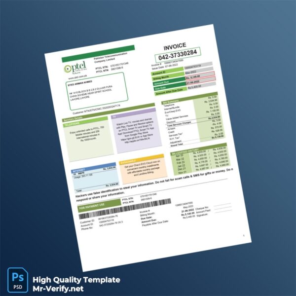 Pakistan PTCL Editable Utility Bill Template in Word and PDF formats Pakistan PTCL Editable Utility Bill Template in Word and PDF formats