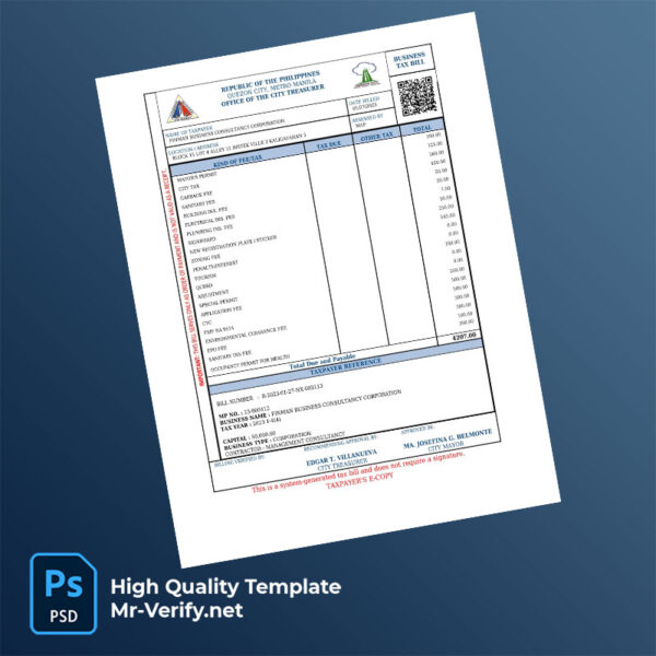 Philippines Finman Business Consultancy Corporation Editable Tax Bill Template in Word and PDF formats