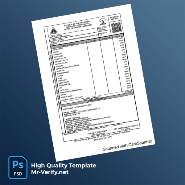 Philippines Quezon City Editable Tax Bill Template in Word and PDF formats