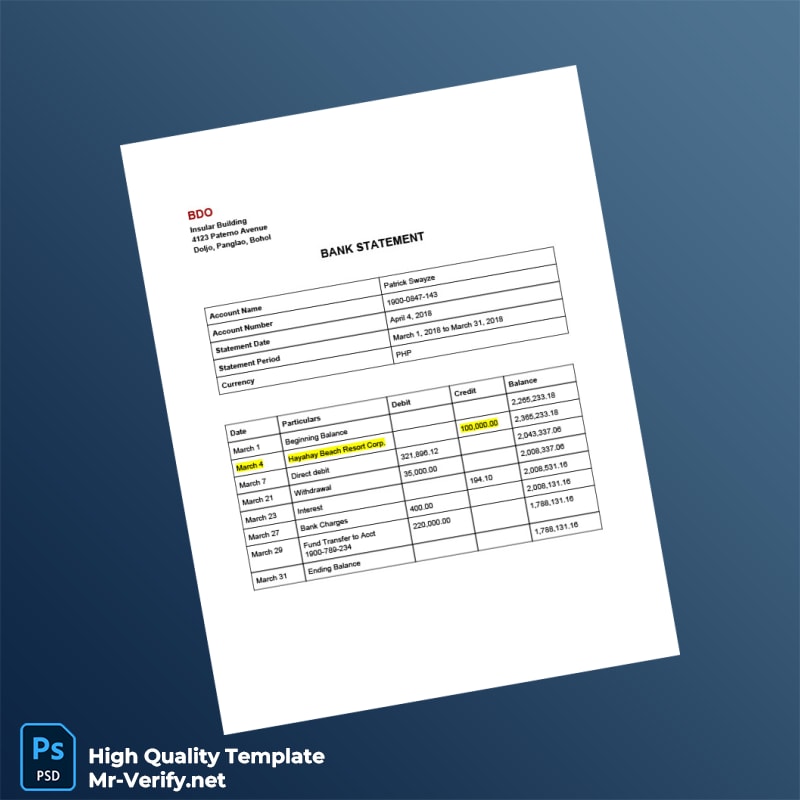 Philippines BDO Bank Statement Template in Word and PDF formats page 2 Philippines BDO Bank Statement Template in Word and PDF formats page 2