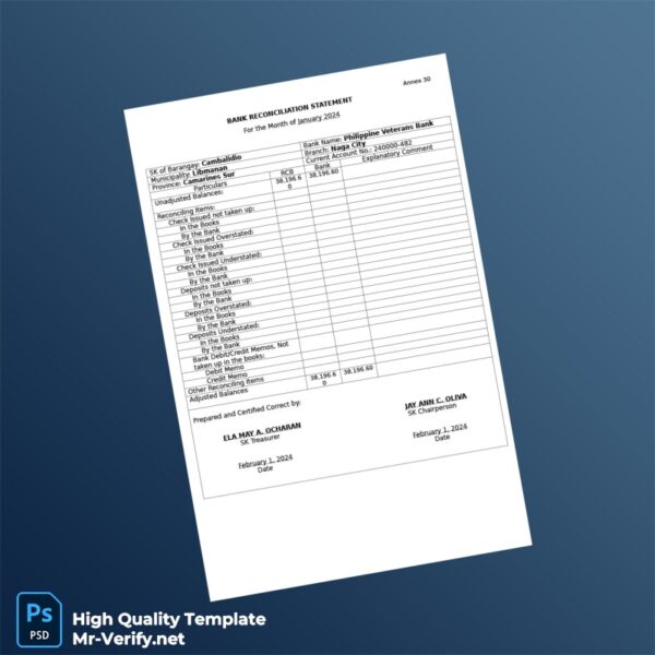 Philippines Bank Reconciliation Statement Template in Word and PDF formats Philippines Bank Reconciliation Statement Template in Word and PDF formats