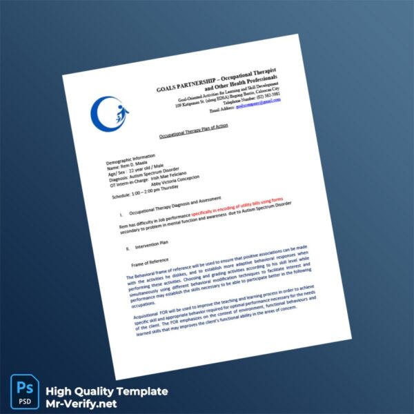 Philippines Editable Occupational Therapy Plan of Action Template in Word and PDF formats Philippines Editable Occupational Therapy Plan of Action Template in Word and PDF formats