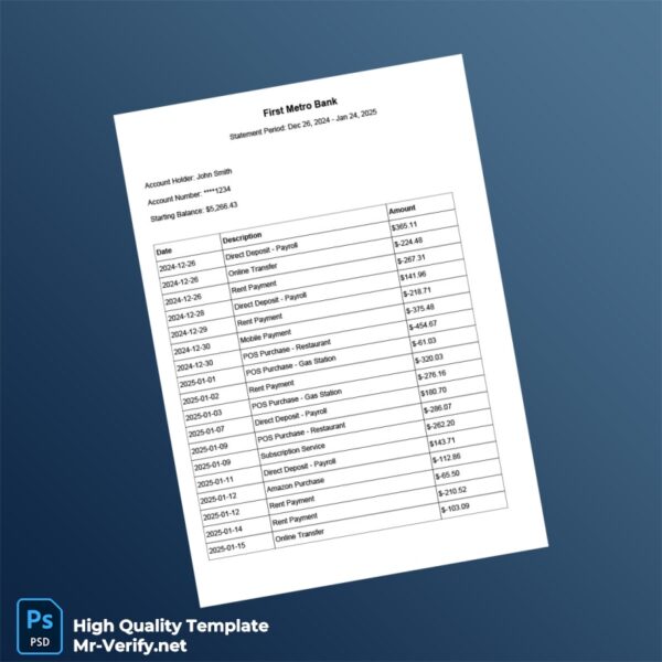 Philippines First Metro Bank Bank Statement Template in Word and PDF formats Philippines First Metro Bank Bank Statement Template in Word and PDF formats