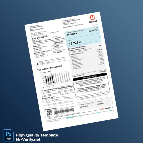 Philippines Meralco Editable Electricity Bill Template in Word and PDF formats