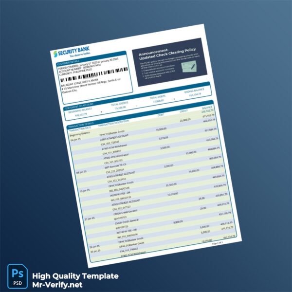 Philippines Security Bank Bank Statement Template in Word and PDF formats