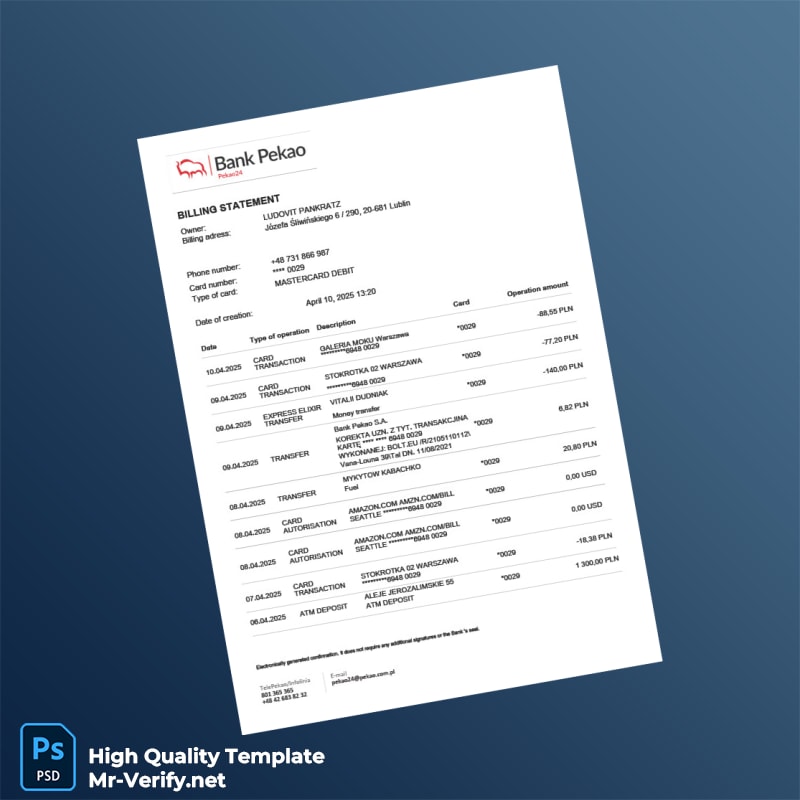 Poland Pekao S A Bank Statement Template in Word and PDF formats Poland Pekao S A Bank Statement Template in Word and PDF formats