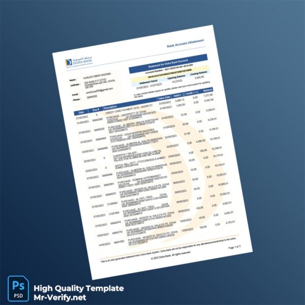 Qatar Doha Bank Statement Template in Word and PDF formats