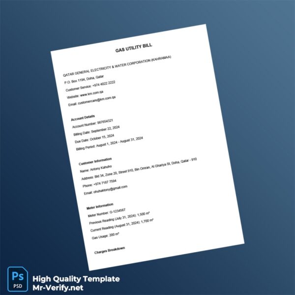 Qatar Qatar General Electricity Water Corporation Kahramaa Editable Gas Utility Bill Template in Word and PDF formats Qatar Qatar General Electricity Water Corporation Kahramaa Editable Gas Utility Bill Template in Word and PDF formats