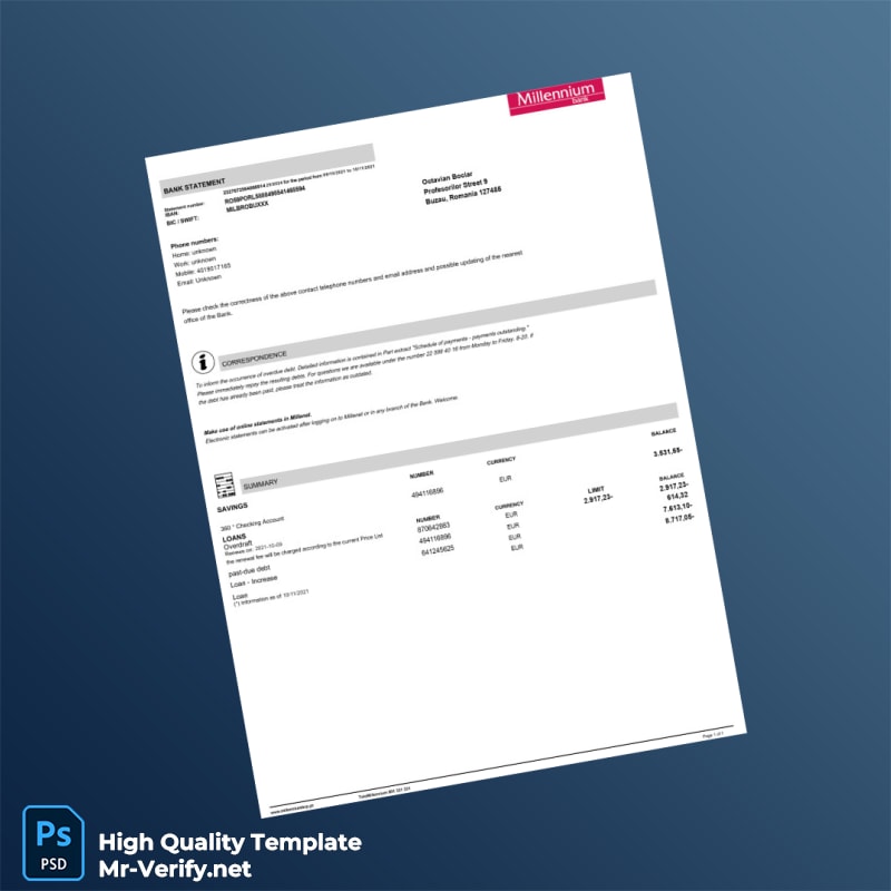 Romania Millenium Bank Statement Template in Word and PDF formats Romania Millenium Bank Statement Template in Word and PDF formats