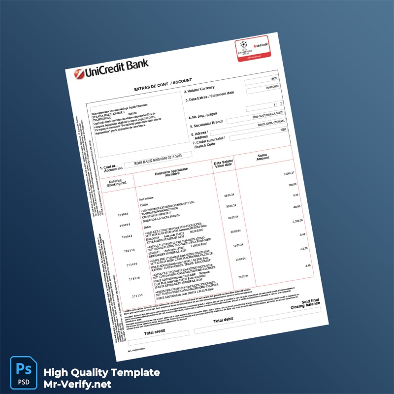Romania Unicredit Bank Statement Template in Word and PDF formats Romania Unicredit Bank Statement Template in Word and PDF formats