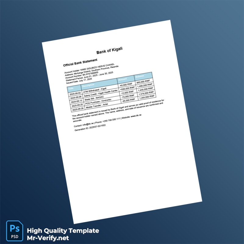 Rwanda Bank of Kigali Bank Statement Template in Word and PDF formats Rwanda Bank of Kigali Bank Statement Template in Word and PDF formats