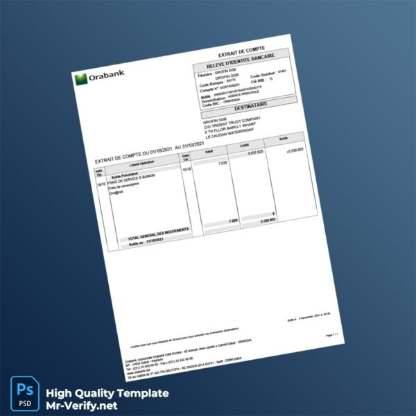 Senegal Orabank Bank Statement Template in Word and PDF formats