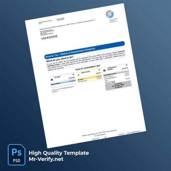 Singapore Inland Revenue Authority of Singapore Editable Income Tax Notice of Assessment Template in Word and PDF formats