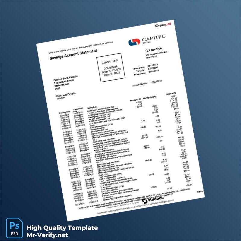 South Africa Capitec Bank Statement Template in Word and PDF formats page 2 South Africa Capitec Bank Statement Template in Word and PDF formats page 2