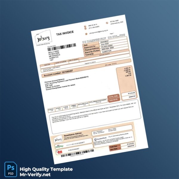 South Africa City Of Johannesburg Editable Utility Bill Template in Word and PDF formats South Africa City Of Johannesburg Editable Utility Bill Template in Word and PDF formats
