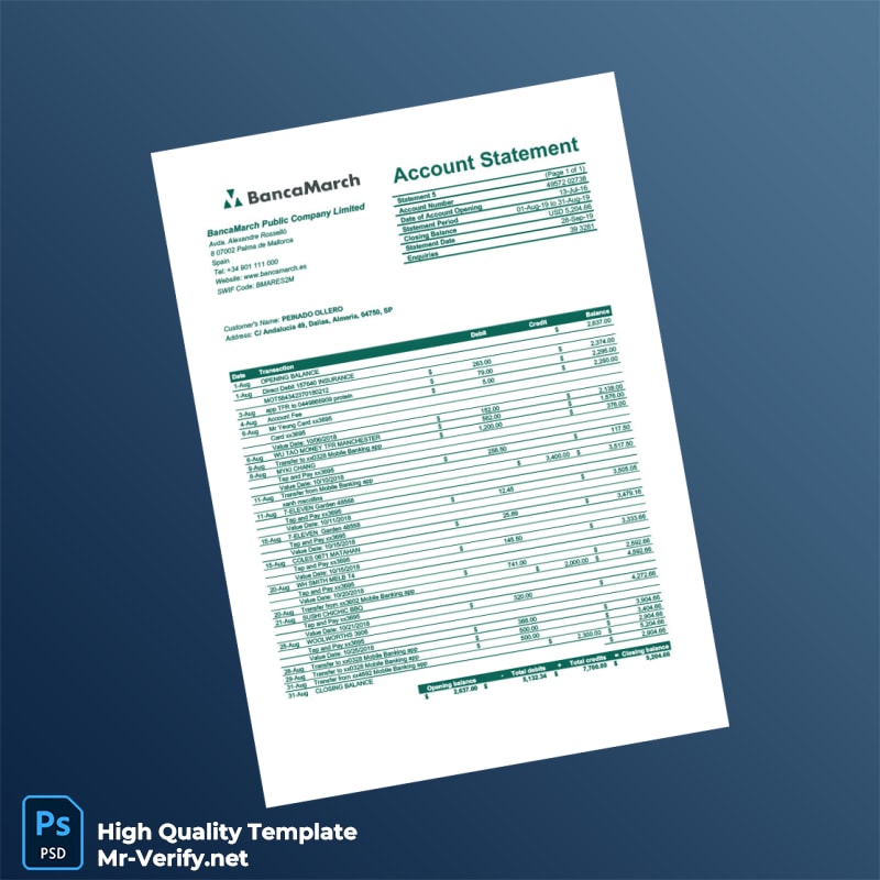 Spain BancaMarch Bank Account Statement Template in Word and PDF formats Spain BancaMarch Bank Account Statement Template in Word and PDF formats