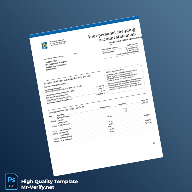 Spain Royal Bank of Canada Account Statement Template in Word and PDF formats Spain Royal Bank of Canada Account Statement Template in Word and PDF formats