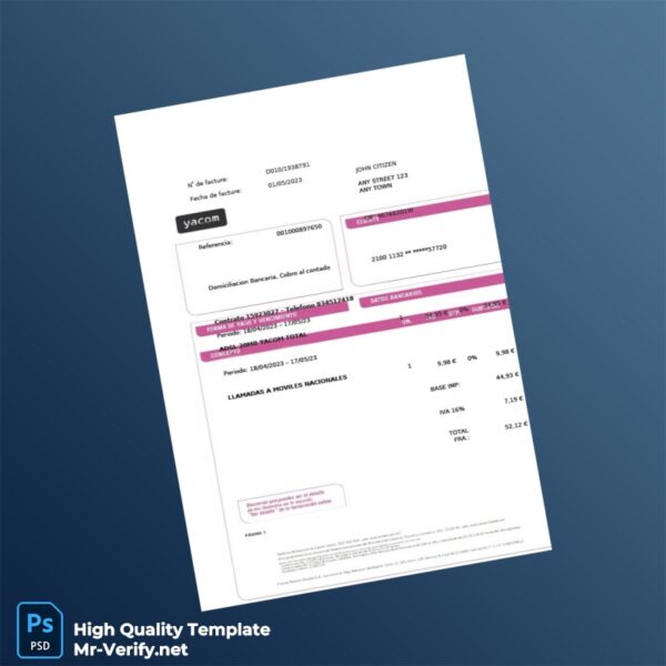 Spain Yacom Editable Utility Bill Template in Word and PDF formats