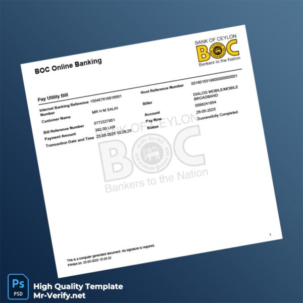 Sri Lanka Bank of Ceylon Editable Utility Bill Payment Template in Word and PDF formats