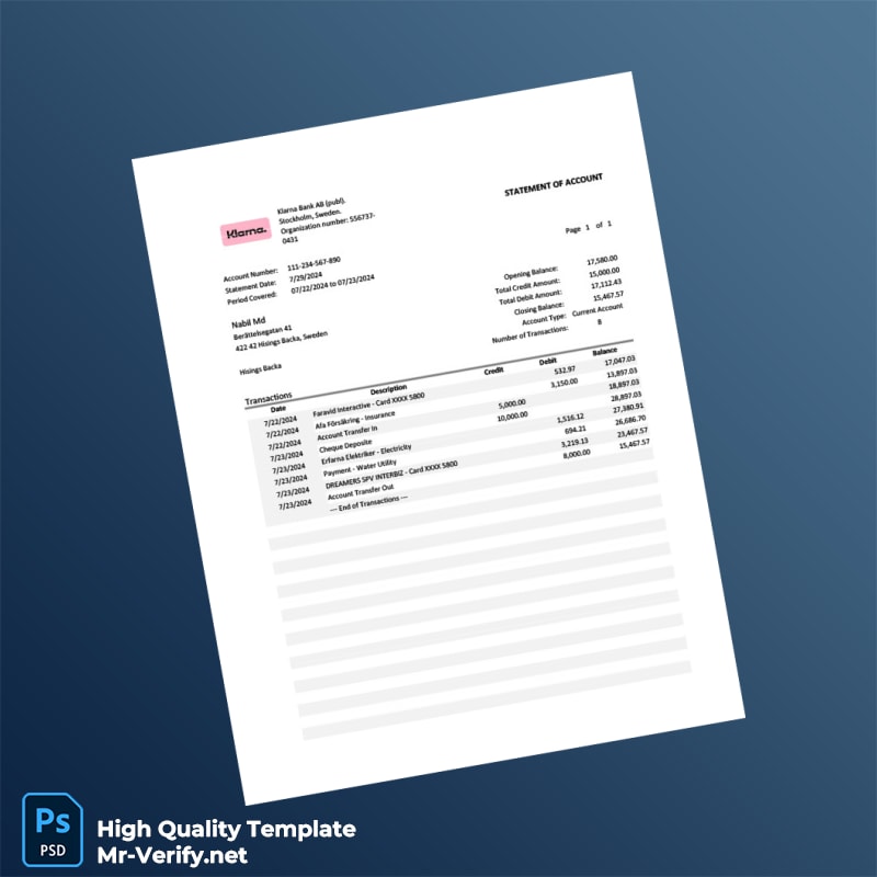 Sweden KLARNA Statement of Account Template in Word and PDF formats Sweden KLARNA Statement of Account Template in Word and PDF formats
