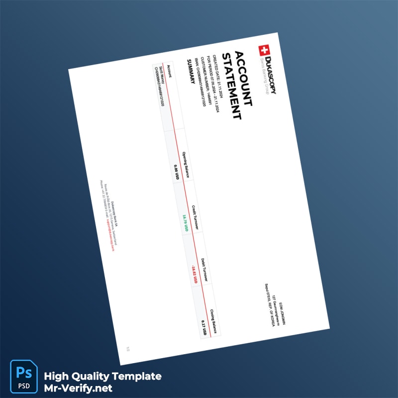 Switzerland Dukascopy Bank Statement Template in Word and PDF formats Switzerland Dukascopy Bank Statement Template in Word and PDF formats
