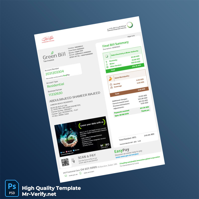 UAE Dubai Electricity Water Authority Editable Utility Bill Template in Word and PDF formats UAE Dubai Electricity Water Authority Editable Utility Bill Template in Word and PDF formats