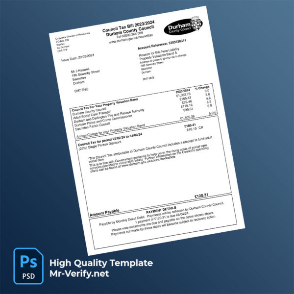 UK Durham County Council Editable Council Tax Bill Template in Word and PDF formats