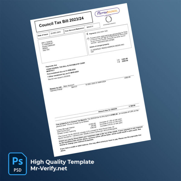 UK England Harrow Council Editable Council Tax Bill Template in Word and PDF formats