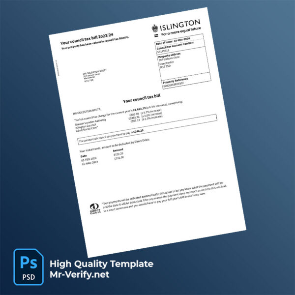 UK Islington Council Editable Council Tax Bill Template in Word and PDF formats