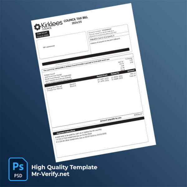 UK Kirklees Council Editable Council Tax Bill Template in Word and PDF formats