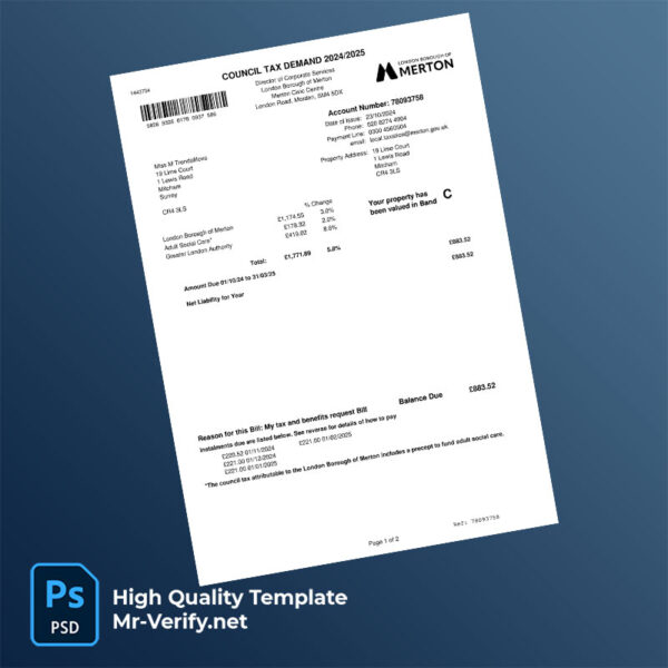 UK London Borough of Merton Editable Council Tax Bill Template in Word and PDF formats