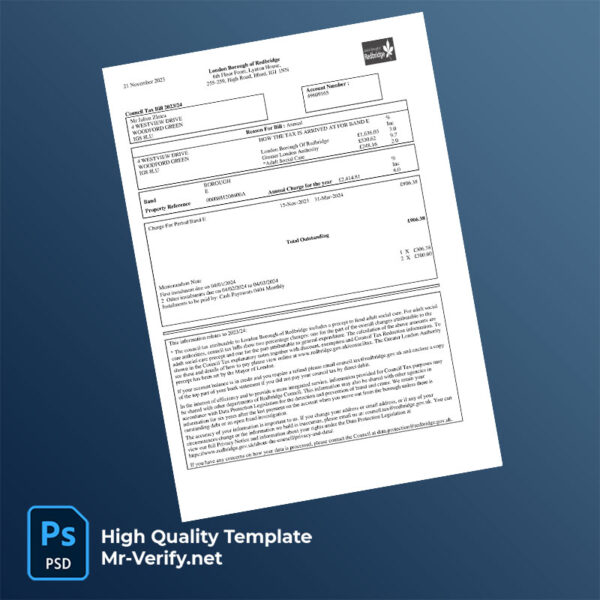 UK London Borough of Redbridge Editable Council Tax Bill Template in Word and PDF formats