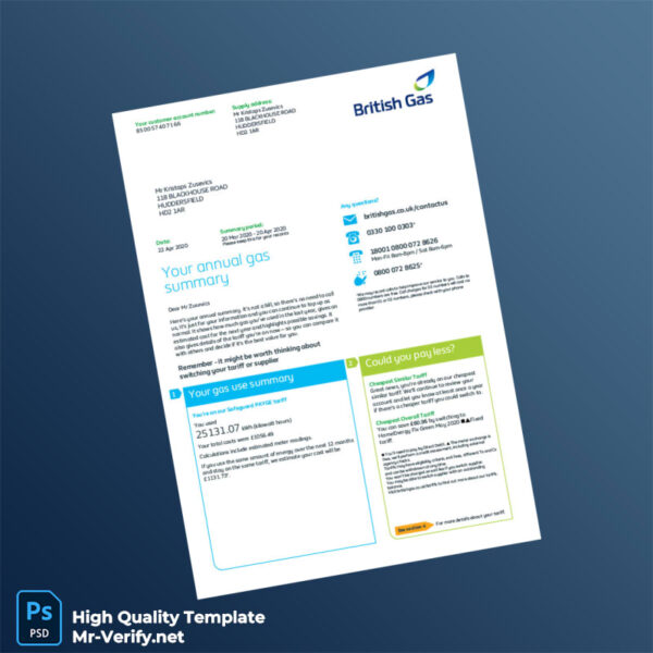 UK British Gas Editable Annual Gas Summary Template in Word and PDF formats