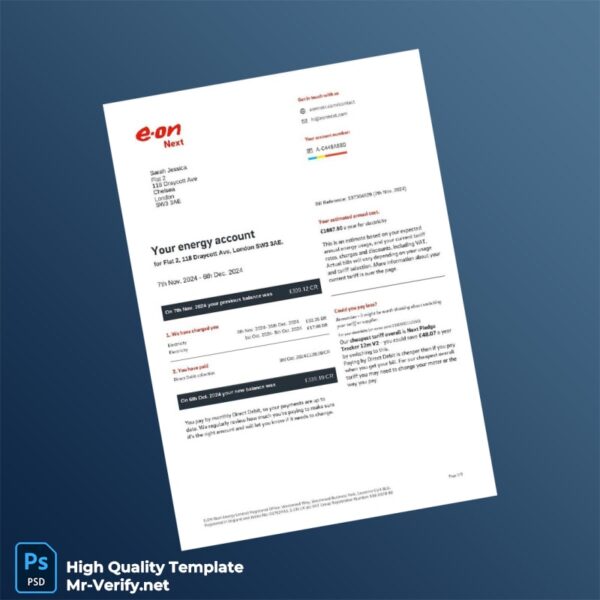 UK E ON Editable Utility Bill Template in Word and PDF formats