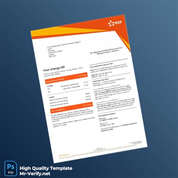 UK EDF Editable Utility Bill Template in Word and PDF formats UK EDF Editable Utility Bill Template in Word and PDF formats