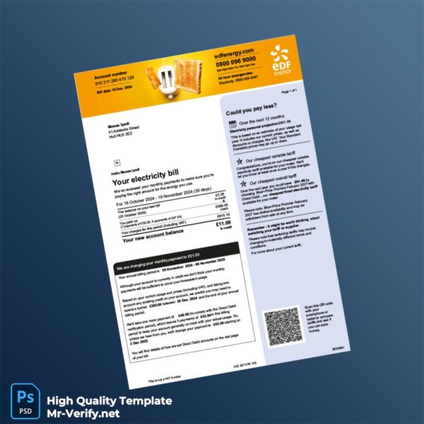 UK Editable Electricity Bill Template in Word and PDF formats