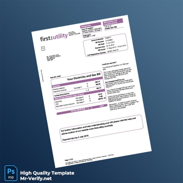 UK First Utility Editable Electricity and Gas Bill Template in Word and PDF formats UK First Utility Editable Electricity and Gas Bill Template in Word and PDF formats