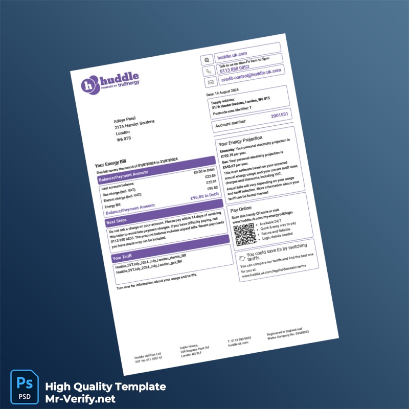 UK Huddle Energy Editable Utility Bill Template in Word and PDF formats UK Huddle Energy Editable Utility Bill Template in Word and PDF formats